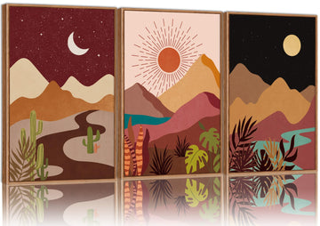 Boho Desert Framed Canvas Wall Art Set of 3, Colorful Sun and Moon Art Prints, Bohemian Modern Cactus Art Paintings