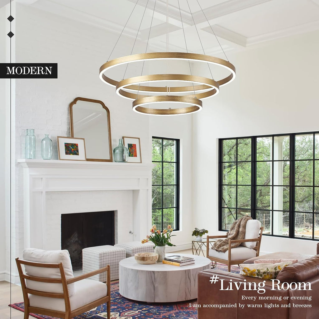 LED 3-Ring Chandelier Gold Dimmable Modern Pendant Light with Remote Control Vintage Brass LED Circle Chandelier for