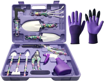 Garden Tool Set, 11 Pcs Gardening Tools Purple Floral Print. Best Gift for Women: Handle Trowel, Rake, Pruning
