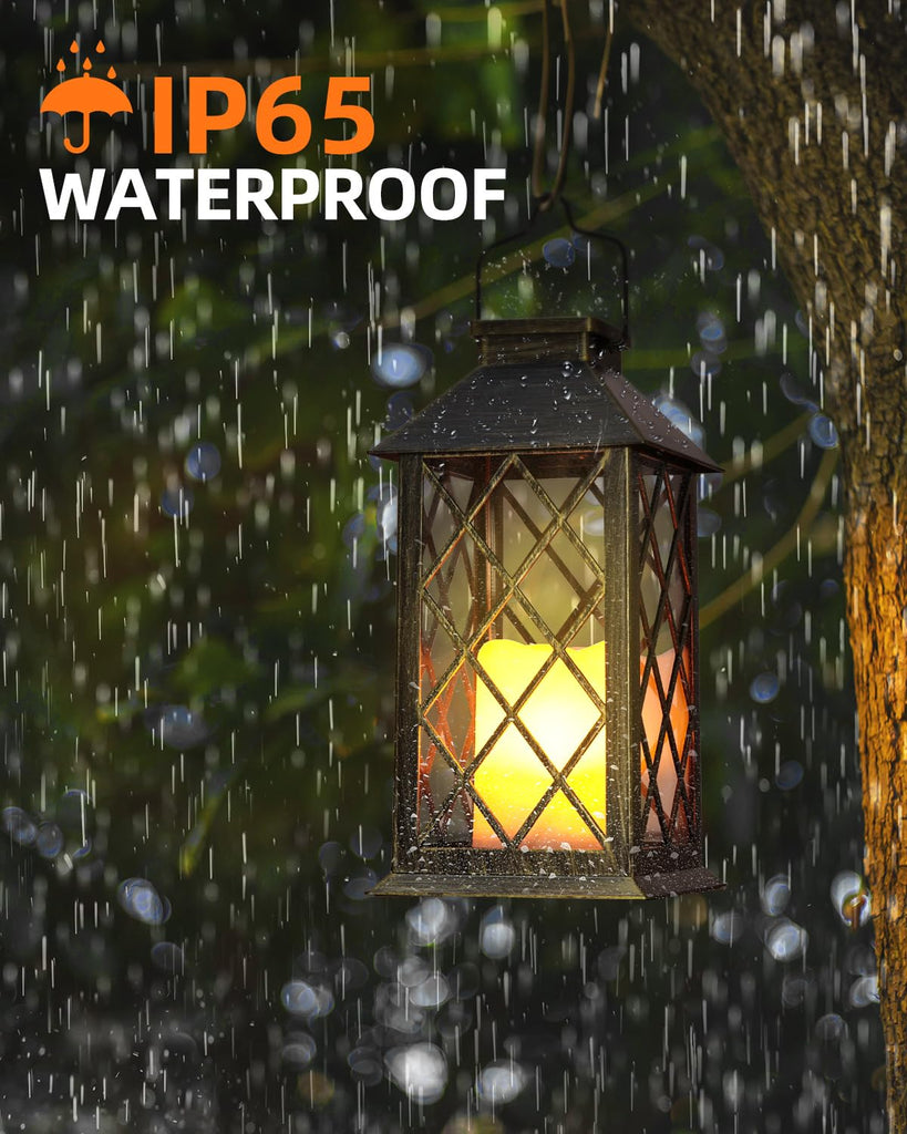 Solar Lanterns Outdoor Waterproof 14" Flickering LED, 2 Pack, Bronze