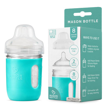 Glass Baby Bottle DIY Kit - Fits 8oz Mason Jars - Includes 2X Slow Flow Nipples, Silicone Sleeve, and Cap (Ring, Lid