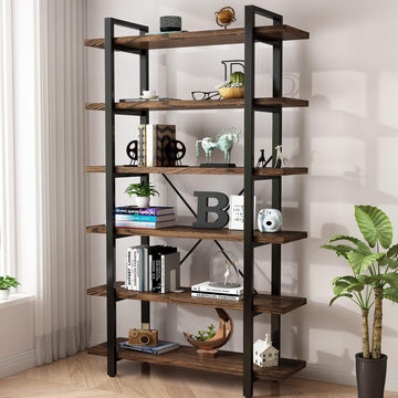 Solid Wood Bookcase and Book Shelves Wood and Metal Shelving Unit 6 Tier Bookshelf Modern Rustic Open Bookshelf
