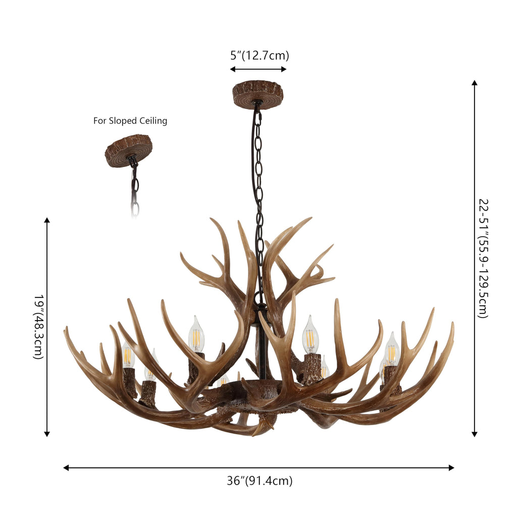 Rustic Faux Antler Chandelier - 8-Light Brown Resin Antler Chandelier for Cabin & Lodge, 36" Wide