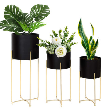 Modern Planters Stand with Pot, Mid Century Tall Black Planter with Gold Plant Stand, Floor Planter for Indoor Plants
