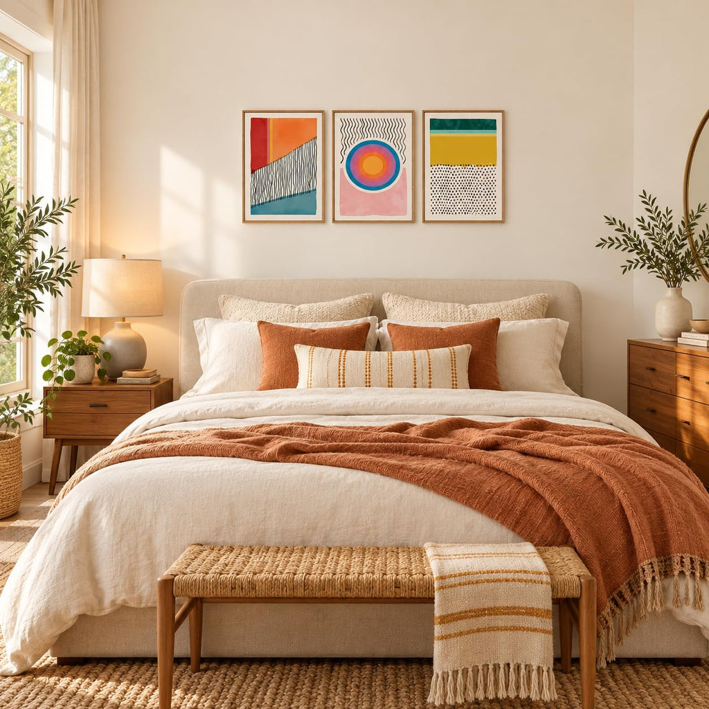 Abstract Wall Art Set of 3, Modern Framed Canvas Wall Art, Mid Century Modern Boho Geometric Wall Decor, Colorful