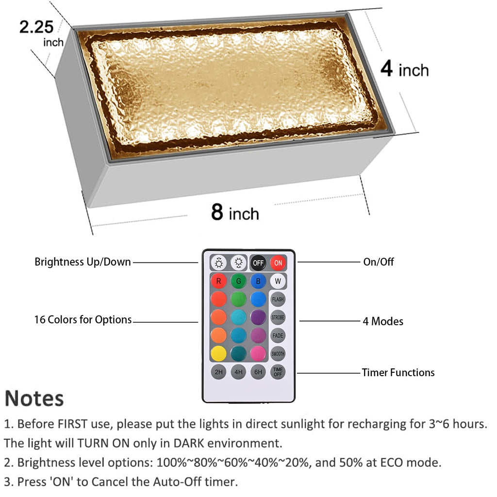 Solar Paver Lights 4x8, RGB + Warm White Recessed Brick Light, IP67, 2 Pack