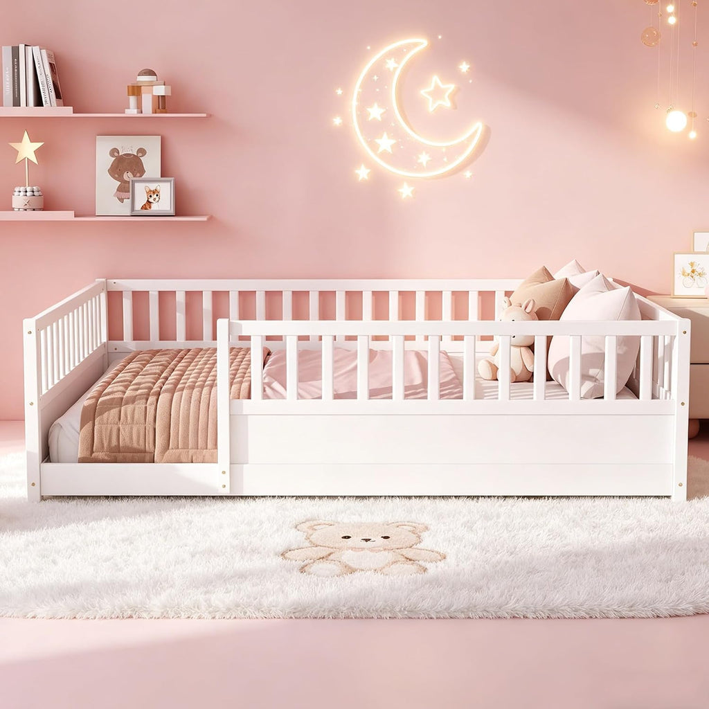 Kids Montessori Floor Bed Frame with High Fence, White