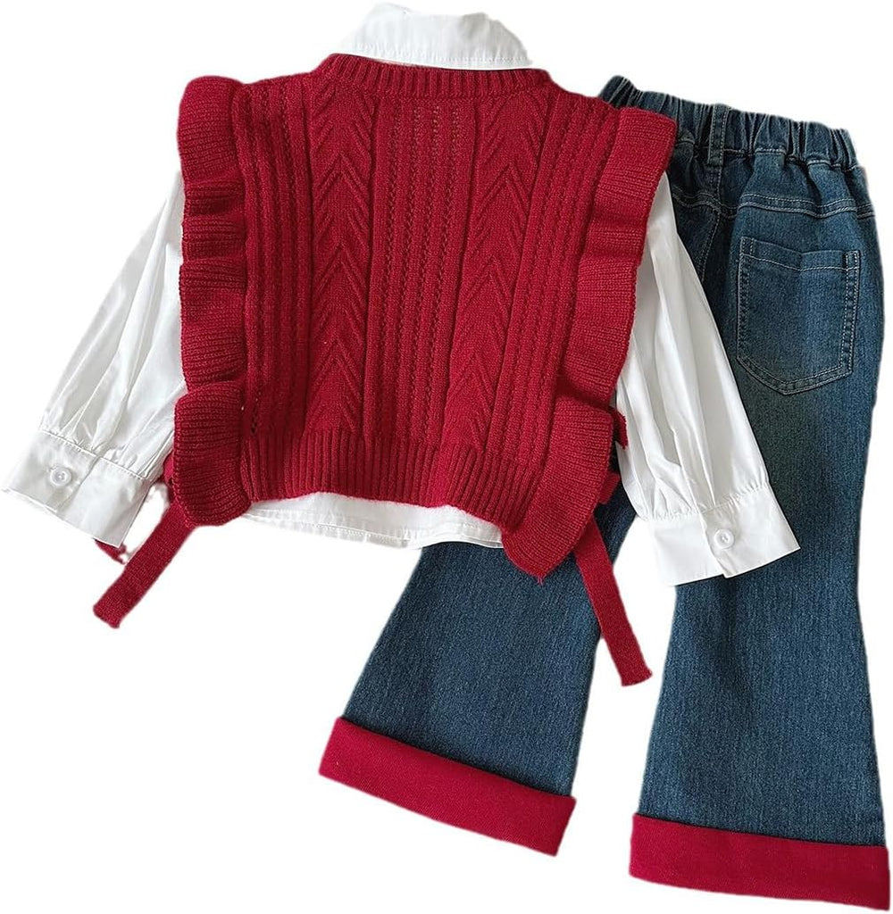Toddler Girl 3 Piece Set Long Sleeve Shirt with Lace Bow Knitted Vest & Denim Jeans Girls Clothing Sets Fall