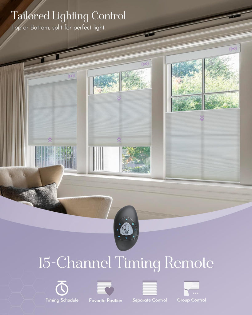 Smart Top Down Bottom Up Cellular Shades Compatible with Alexa Google Solar Powered Motorized TDBU Shades for Windows