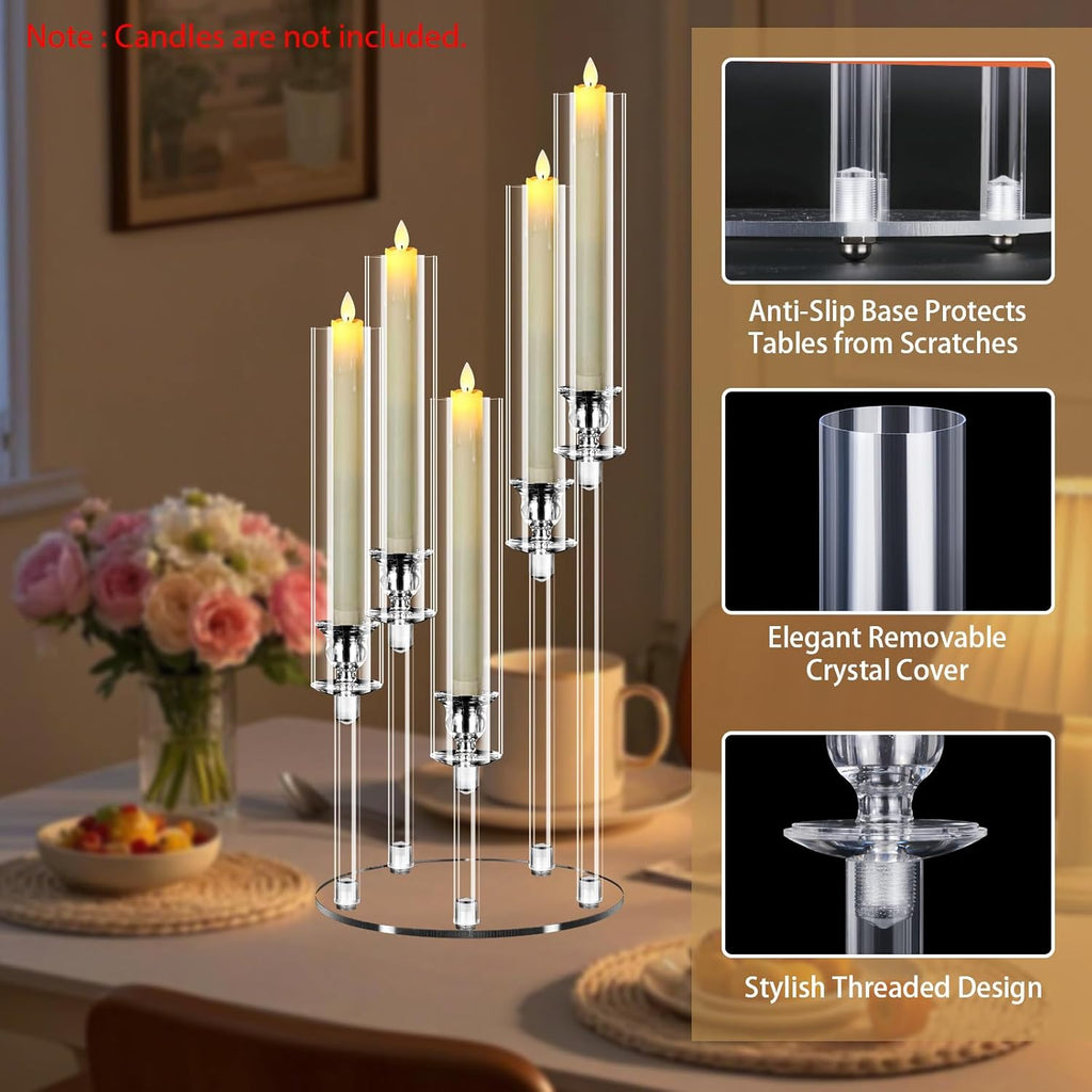 6 Sets 5 Arms Acrylic Candelabra Centerpieces for Tables,Clear Candle Holder,Ceremony Dinner Party, 22.8" Tall
