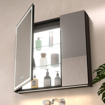30x28 Inch Aluminum LED Bathroom Mirror Cabinet with Backlit Panel | Light Adjustment, Anti-Fog, Sockets&USBs, High
