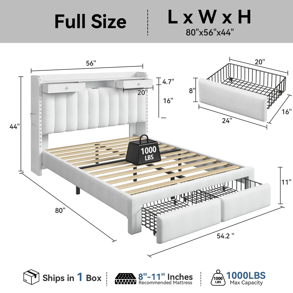 Full Size Bed Frame with 2-Tier Storage Headboard, 4 Drawer, Velvet
