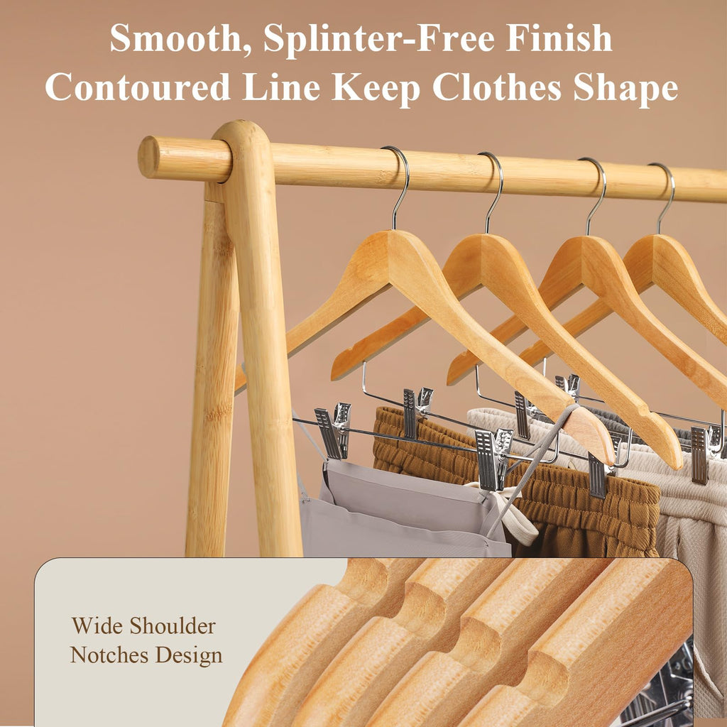 Wooden Hangers with Clips 24 Pack Wooden Pants Hangers, Skirt Hangers with Adjustable Clips, Hangers for