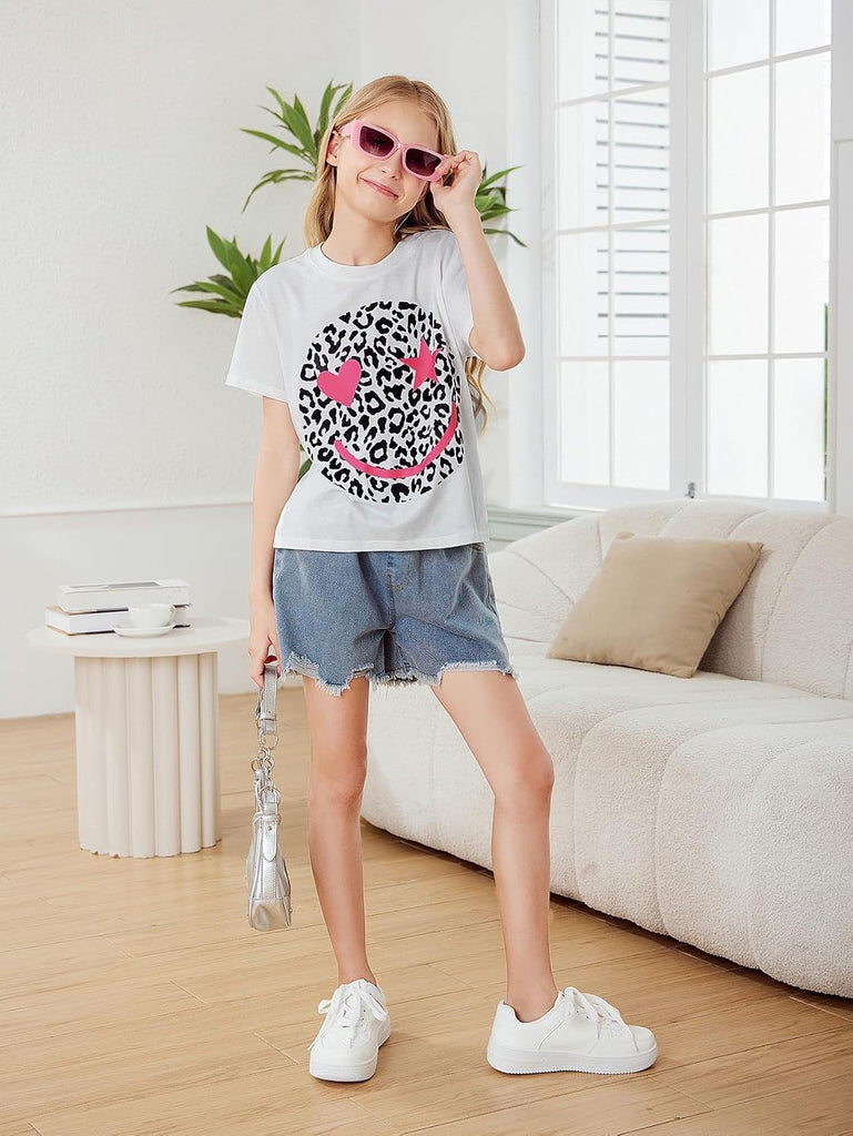 Girl's Leopard Graphic T Shirt Crew Neck Short Sleeve Tee Shirts
