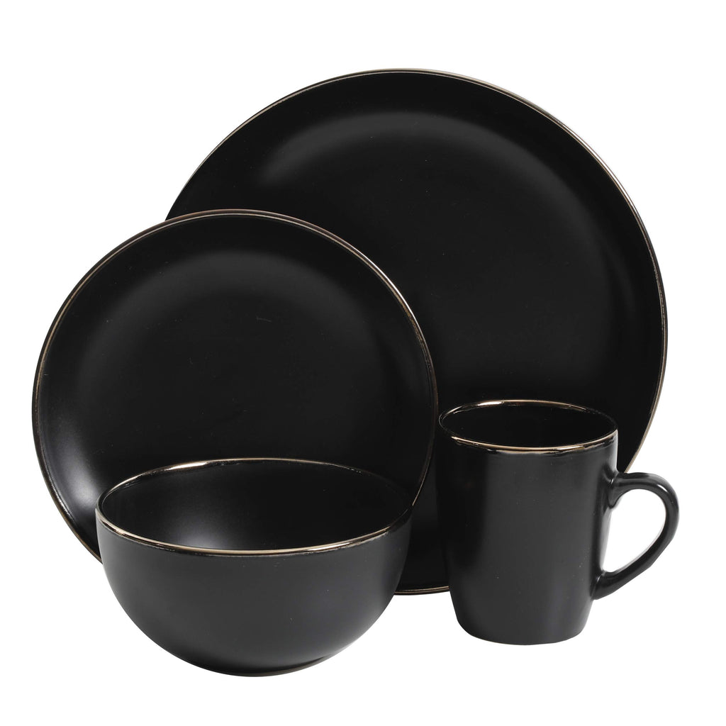 Rockaway 16-Piece Round Stoneware Dinnerware Set, Service for 4 - Black with Gold Rim Plates and Bowls