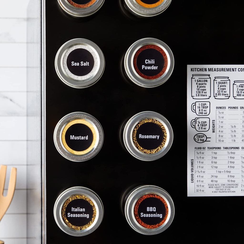 Magnetic Spice Jars - 3 oz, Stainless Steel, 24-Pack - Spice Tins with Sift & Pour Lids & Fridge Magnets Organization