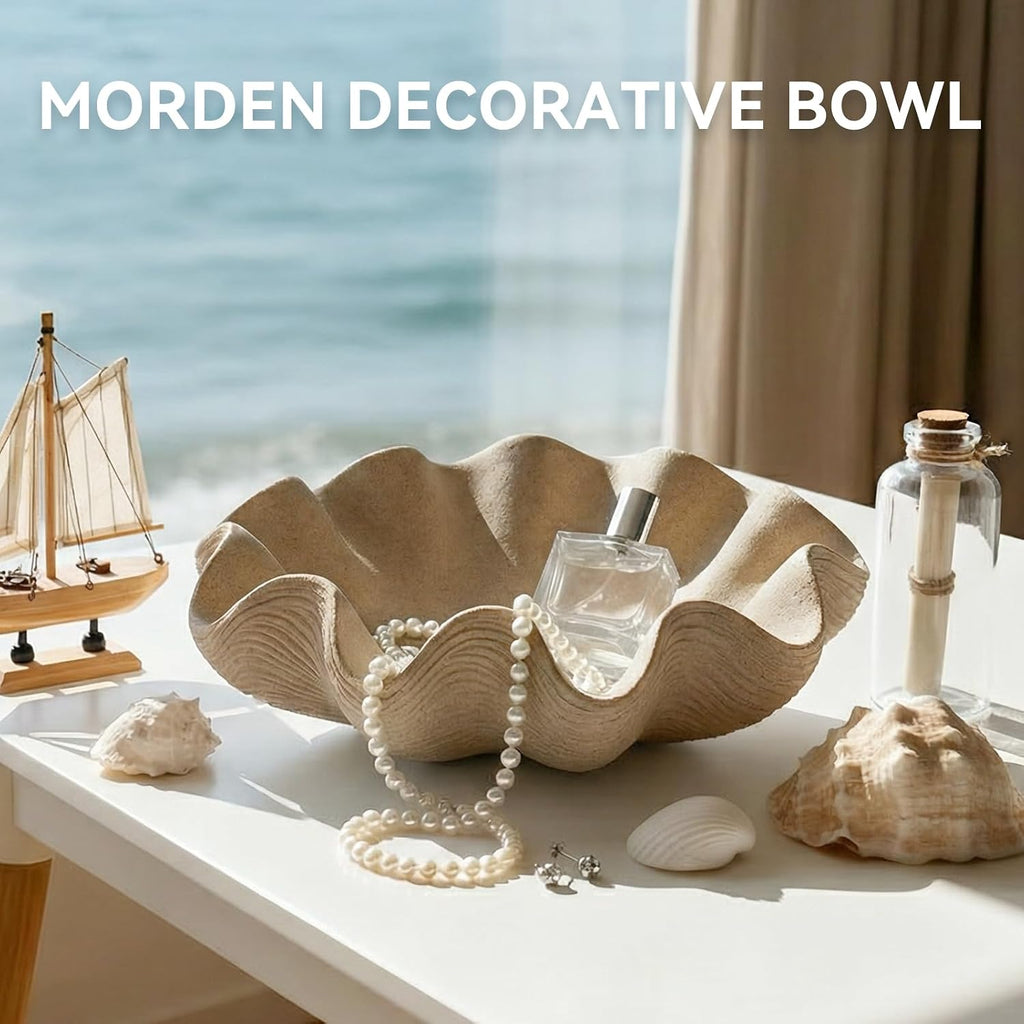 Scalloped Decorative Bowl Home Decor - 12.6" Modern Handicraft Large Shell Ruffle Decorative Fruit Bowl Counter, Chic