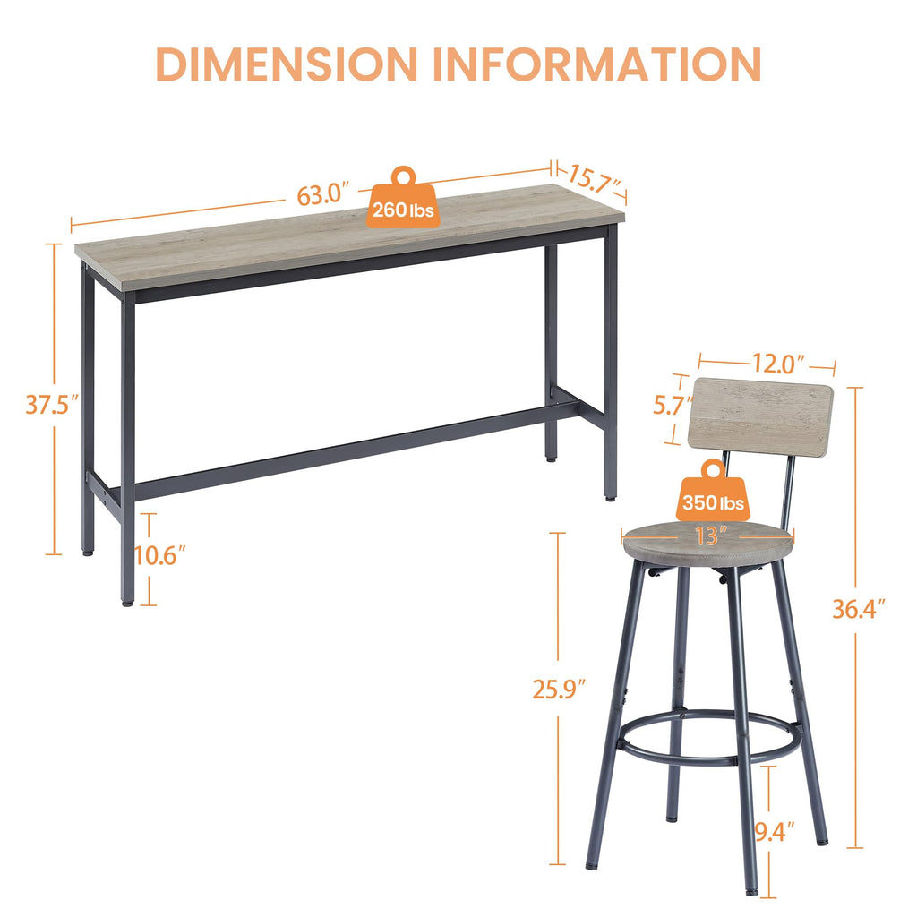 63" L Bar Table and Chairs Set for 3, 4 Piece Long Rectangle Pub Bistro Dining Table Set with 3 PU Upholstered Bar