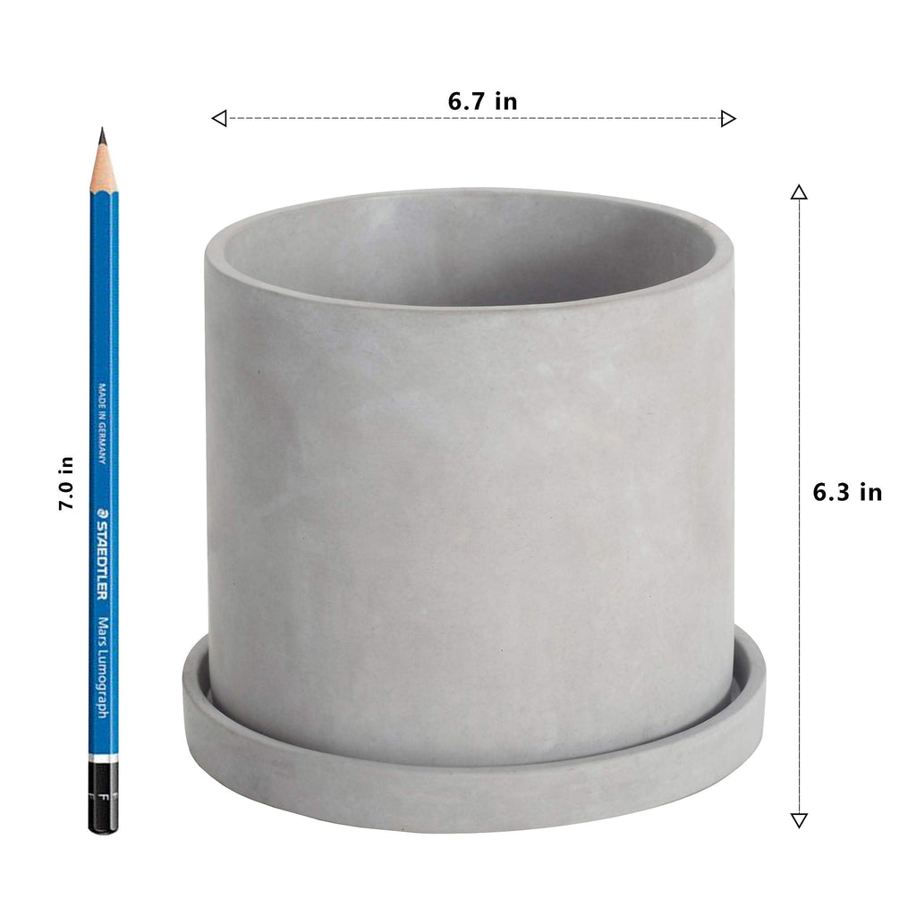 7 Inch Plant Pot Indoor, Grey Cement Garden Planters with Drain Hole & Saucer Tray, Modern Succulents Containers