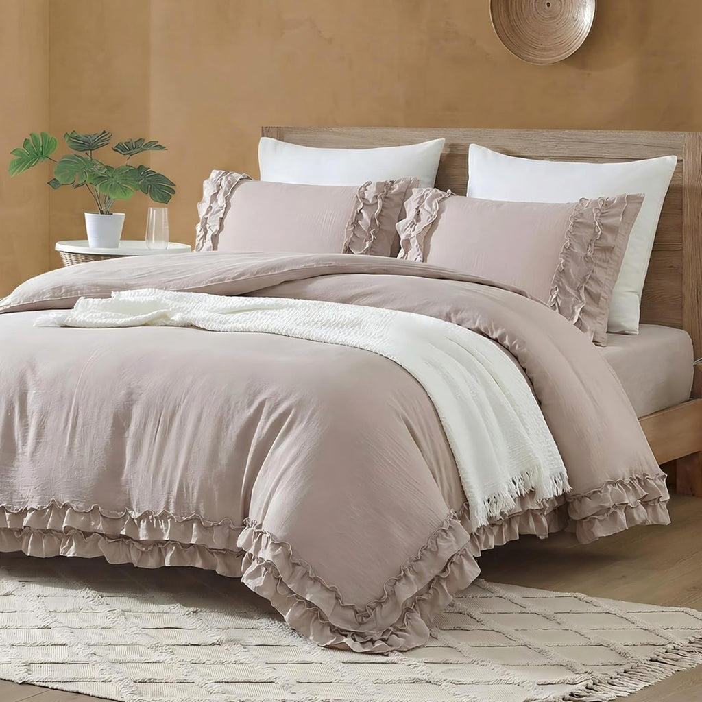 Taupe King Comforter Shabby Chic Ruffled Bedding Set Taupe Ruffle Fringe Farmhouse Bedding Super Soft Fluffy Boho