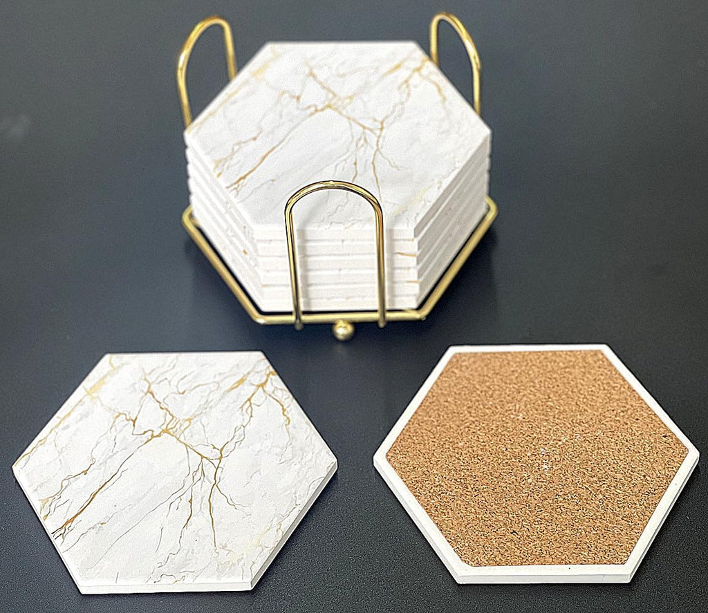 Marble Coasters with Gold Veining Hexagonal Coasters with Cork Base and Metal Holder, White and Gold - Set of 8