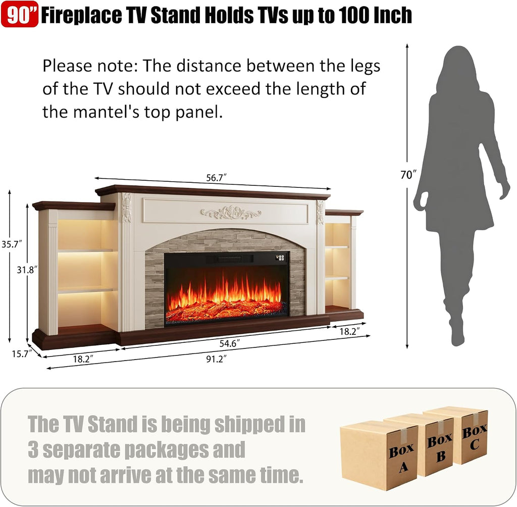 90inch Electric Fireplace TV Stand, Fireplace with Mantel Holds TVs up to 100 Inch, Entertainment Center with 36"