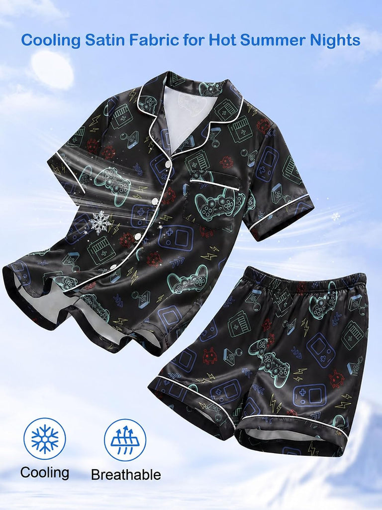 Boys Satin Pajamas Set, Silky Summer Pjs for Kids, 2 Pieces