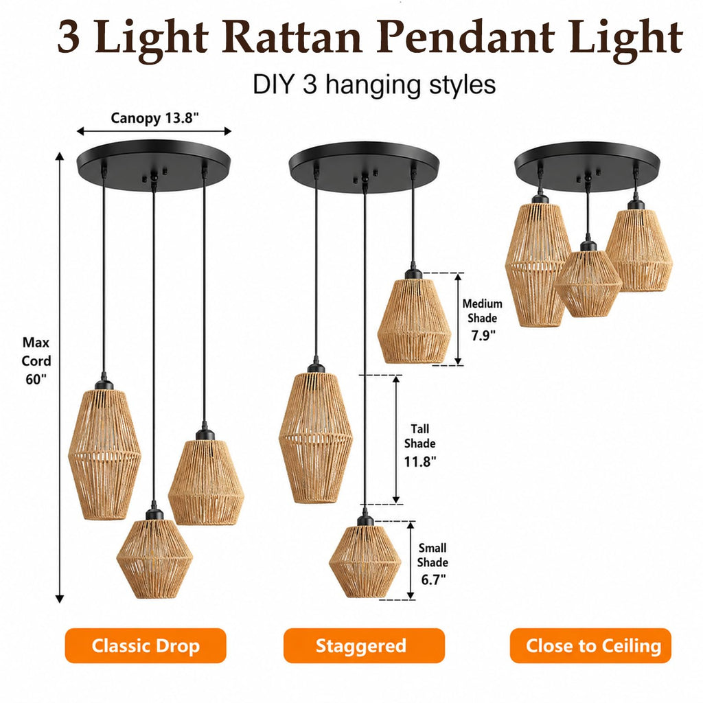 3-Light Rattan Pendant Light, Hand Woven Boho Chandelier, Wicker Pendant Light Fixture, Kitchen Dining Room Chandelier