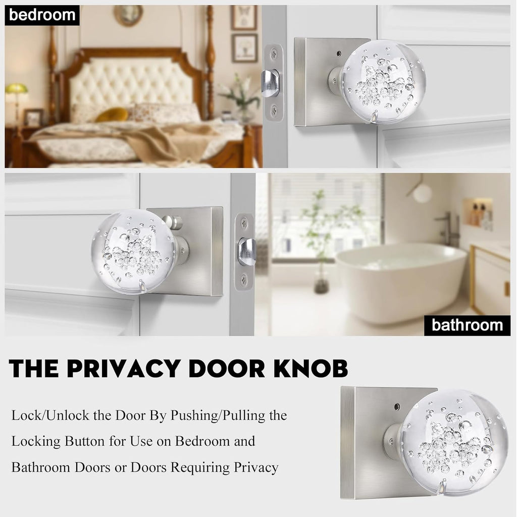 Glass Door Knobs Interior with Lock, Crystal Door Knobs Round Privacy Clear Bubble for Bed Bath Brushed Nickel