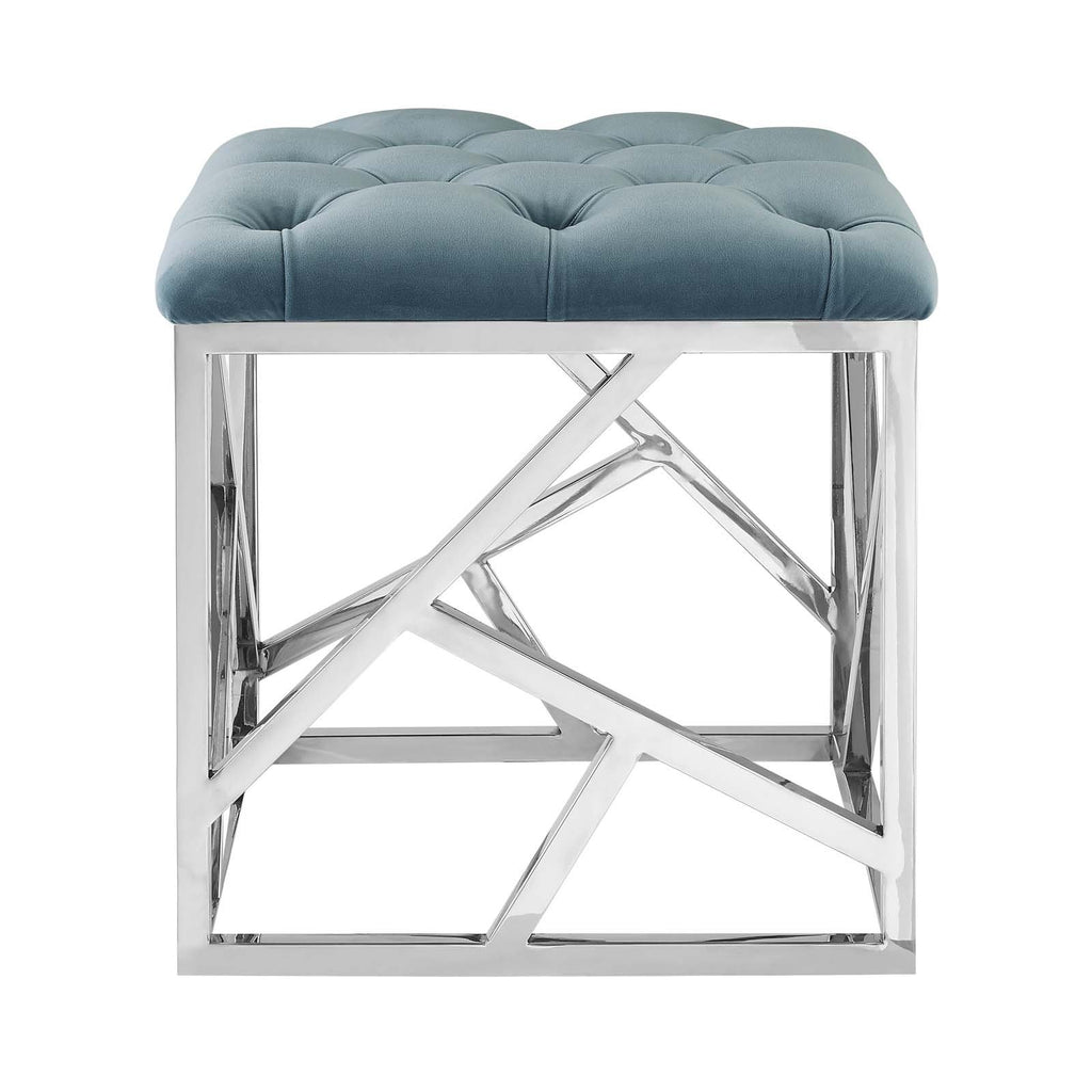 Intersperse Tufted Modern Ottoman with Silver Stainless Steel Geometric Frame in Sea Blue