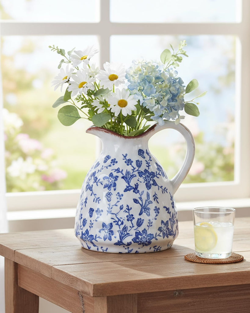 Blue and White Ceramic Vase, 7.28 Inch Crackle Glaze Pitcher with Handle