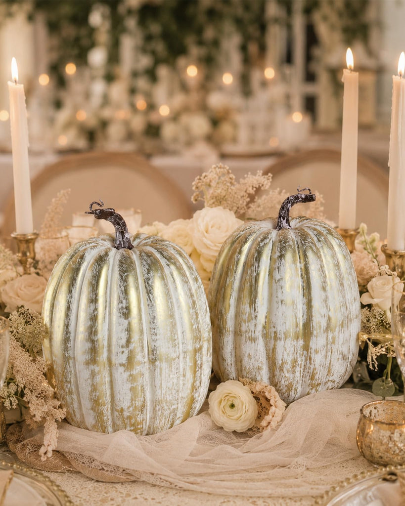2 Pack 8 Inch Distressed Gold Artificial Pumpkins for Fall Decor