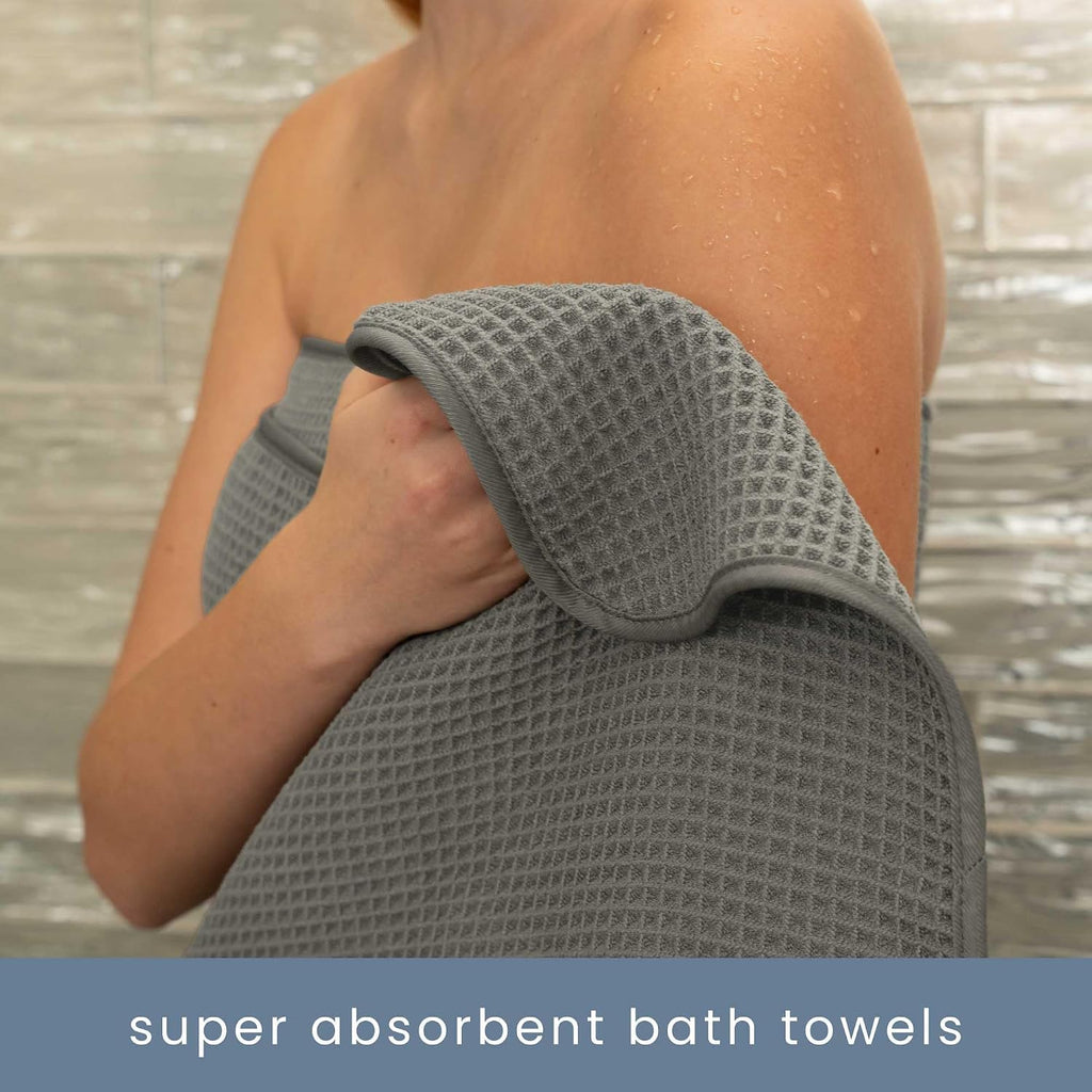 Aura Waffle Bath Towel Set, 6 Pieces, Grey | 2 Bath Towels, 2 Hand Towels, 2 Wash Cloths, Absorbent Microfiber