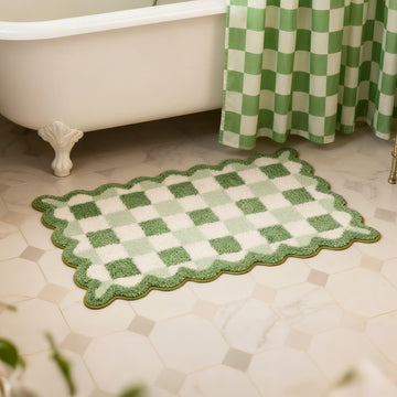 Cute Green Checkered Scalloped Bath Mat, Fun Plush Microfiber Bathroom Rugs Non Slip Washable Quick Dry Absorbent