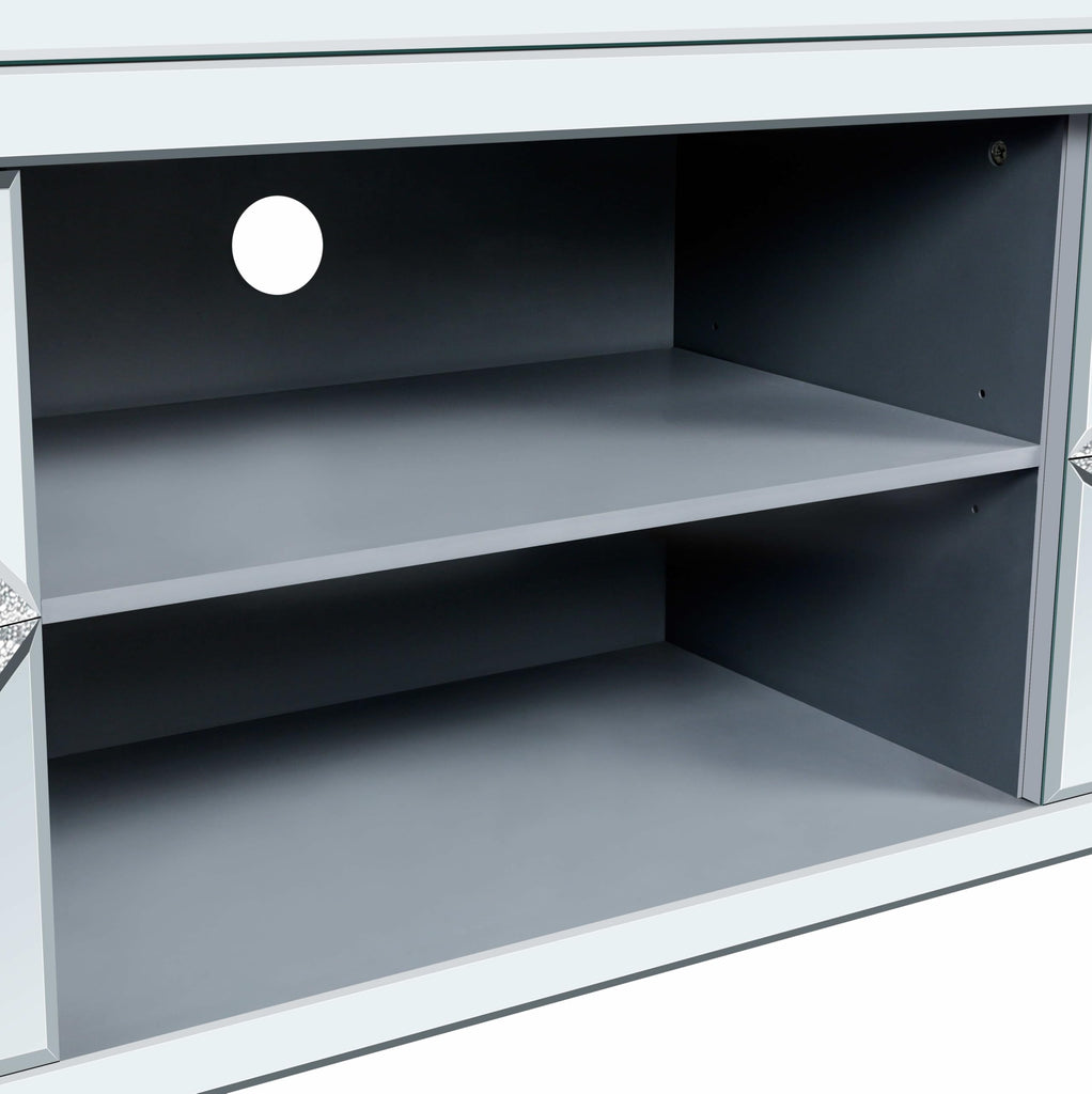 59" Mirrored TV Stand with Open Storage & 2 Storage Cabinets, Luxury Mirror Entertainment Center with Diamond