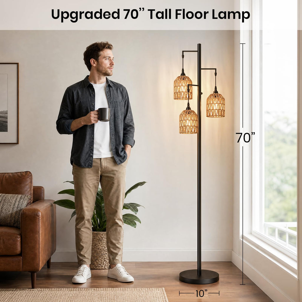70'' Tall Floor Lamp, 3-Light Rattan Standing Lamp, Black