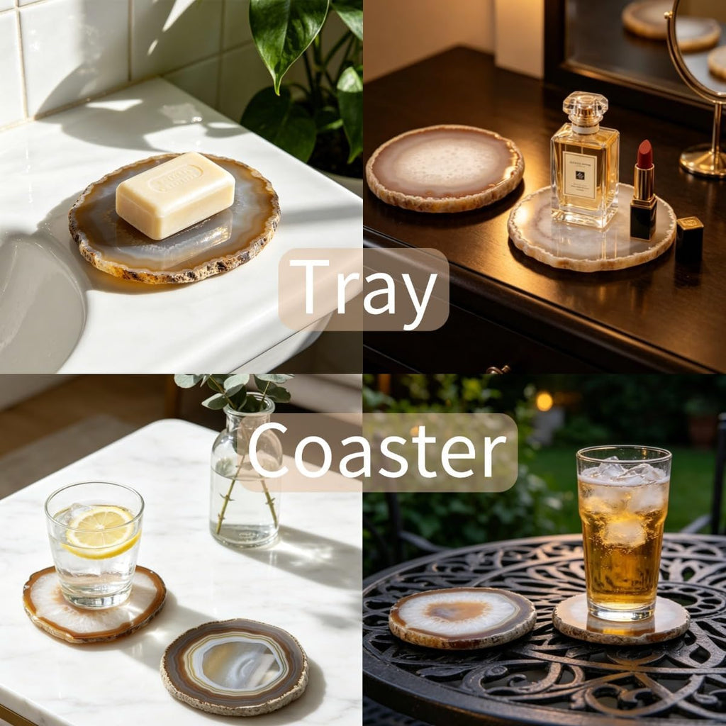 Agate Coasters Geode Agate Sliced Cup Mat 3-4'' Natural Color Polished Coasters with Rubber Bumper for Drinks - Set of 4
