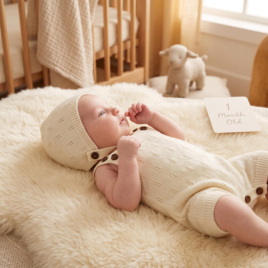 Newborn Girl Boy Outfit Baby Knit Romper Overall with Hat (Cream, )
