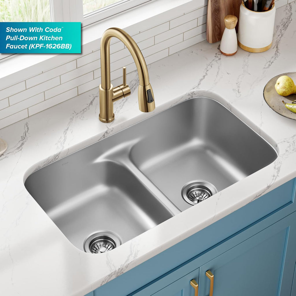 Premier 32-inch Undermount 50/50 Double Bowl Low Divider 18-Gauge Stainless Steel Kitchen Sink with Strainers (x2)