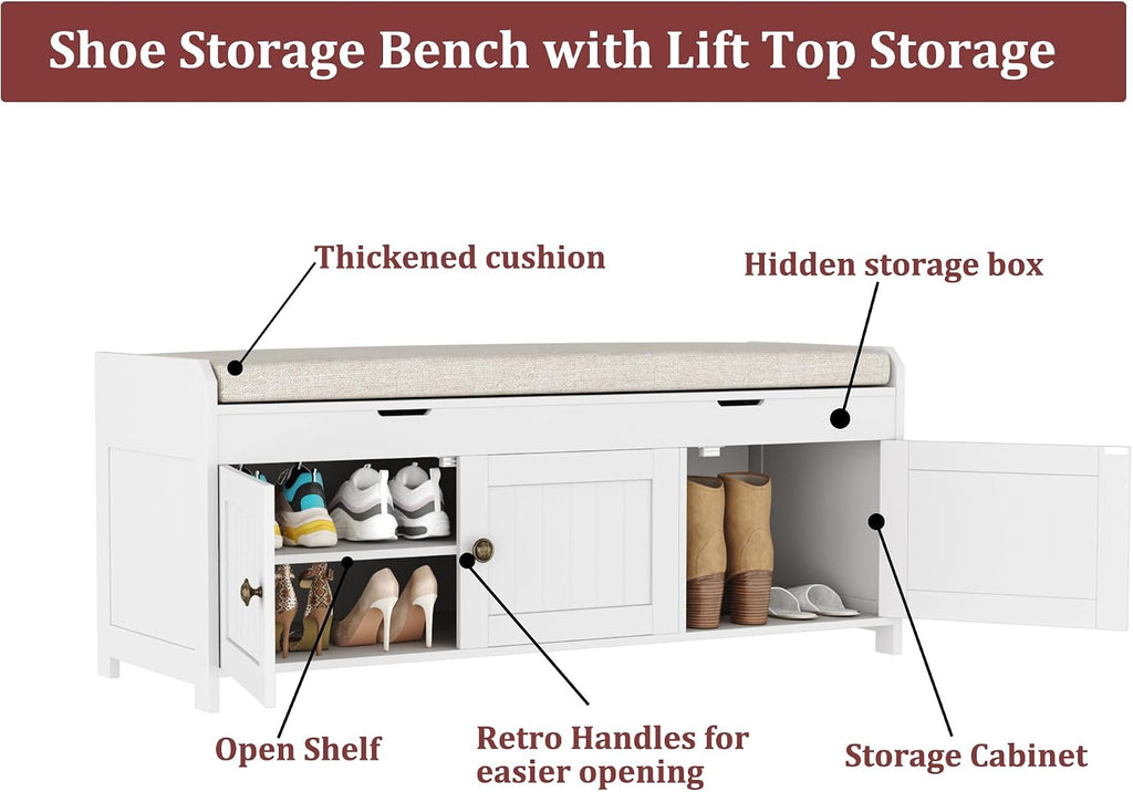 41.3" Shoe Bench with Lift Top Storage, Entryway Bench with Cushioned Seat, Wooden End of Bed Bench, Shoe Cabinet