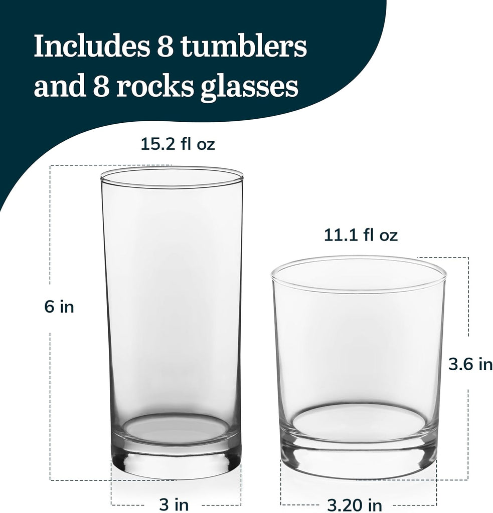 Province Tumbler and Rocks Glass Set, Elegant Drinkware Glasses Set of 16, Tall Drinking Glasses for Everyday Use or