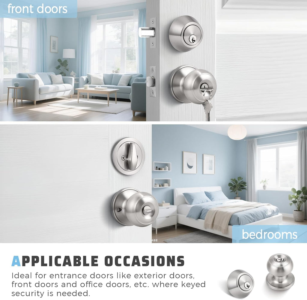 Keyed Entry Door Knob and Single Cylinder Deadbolt Combo Set, Exterior Door Knobs for Entrance and Front Door, Keyed