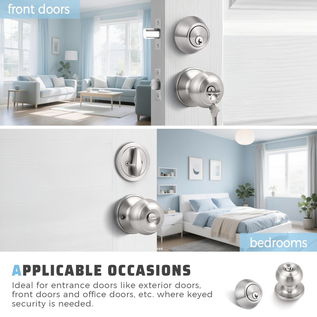 Keyed Entry Door Knob and Single Cylinder Deadbolt Combo Set, Exterior Door Knobs for Entrance and Front Door, Keyed