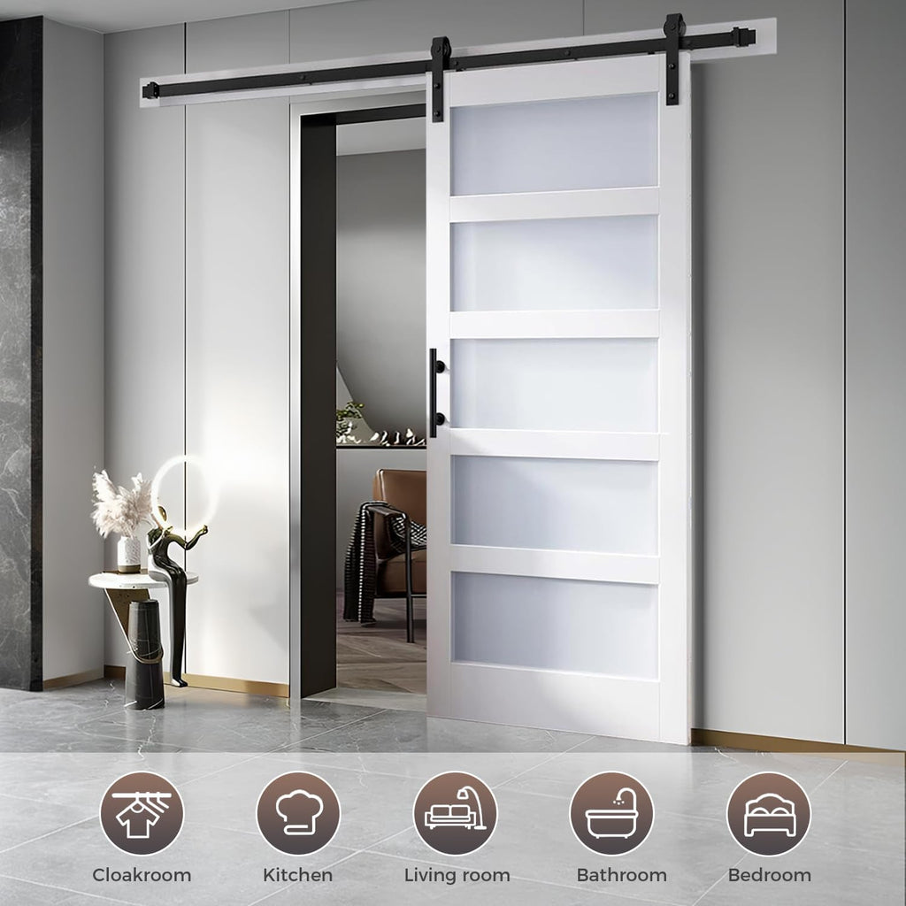 18 in x 84 in Double Glass MDF Barn Doors with 6.6FT Hardware Kit, 5 Tempered Frosted Glass, Slab In