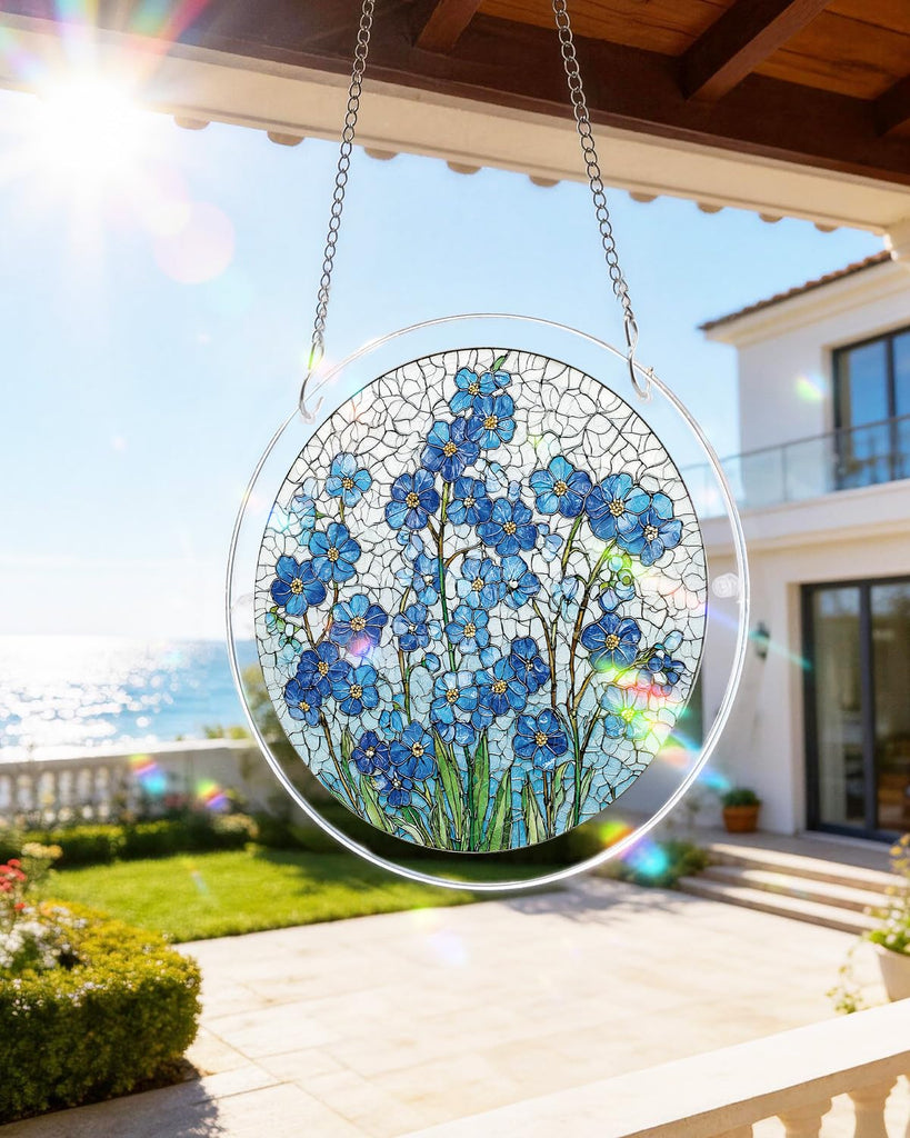 7.4 In Acrylic Suncatcher Puzzle, Azure Bloom Whisper Stained Glass Style