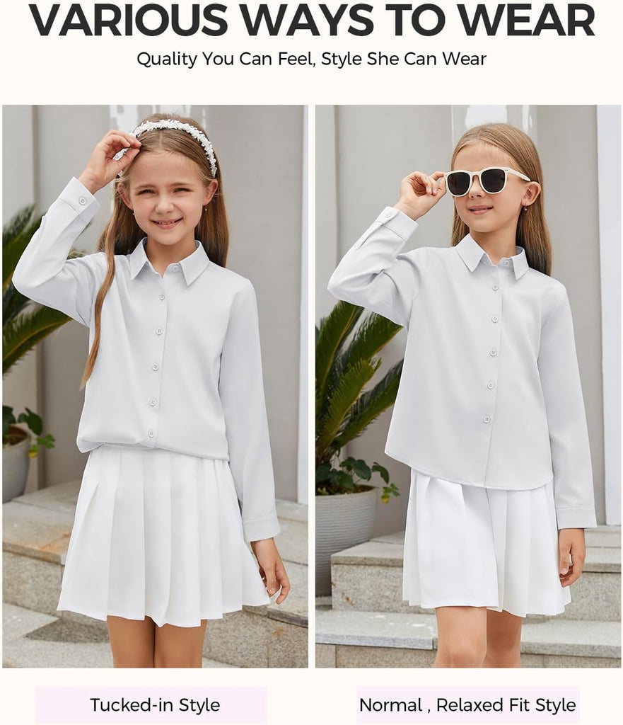 Girls Satin Silk Button Down Shirts Kids Long Sleeve Dress Shirts School Uniform Blouse