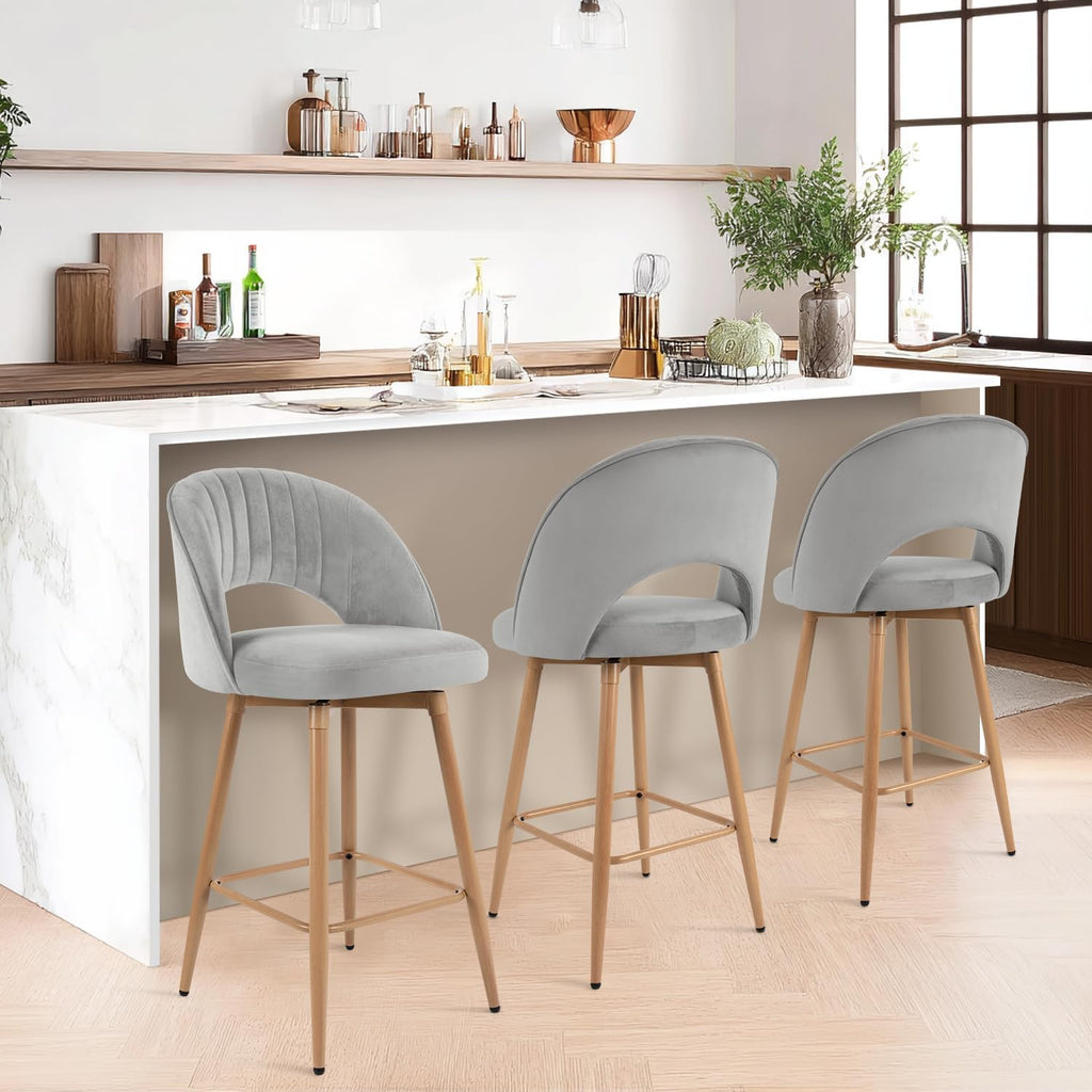 Swivel Bar Stools Set of 3, Counter Height Barstools Island, 26" Seat Height Bar Chairs, Velvet Upholstered Bar Stool