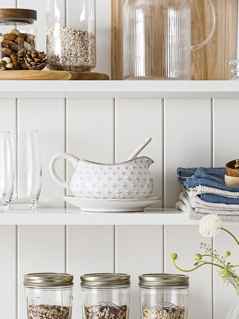 Gravy Boat with Ladle and Saucer Stand 24oz, Ceramic Sauce Boat with Tray for Salad Dressings, Creamer, Broth, Black