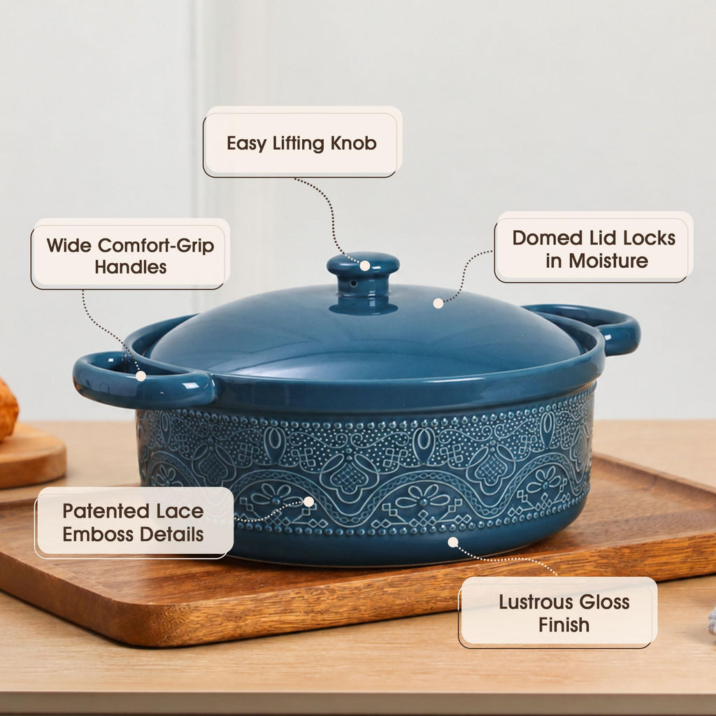 FE Casserole Dish with Lid, 2 Quart Ceramic Baking Dish, Grayish Blue