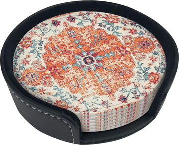 Vintage Retro Ethnic Boho Coasters for Drinks Round Leather Coaster with Holder for Tabletop Protection Desk - Set of 6